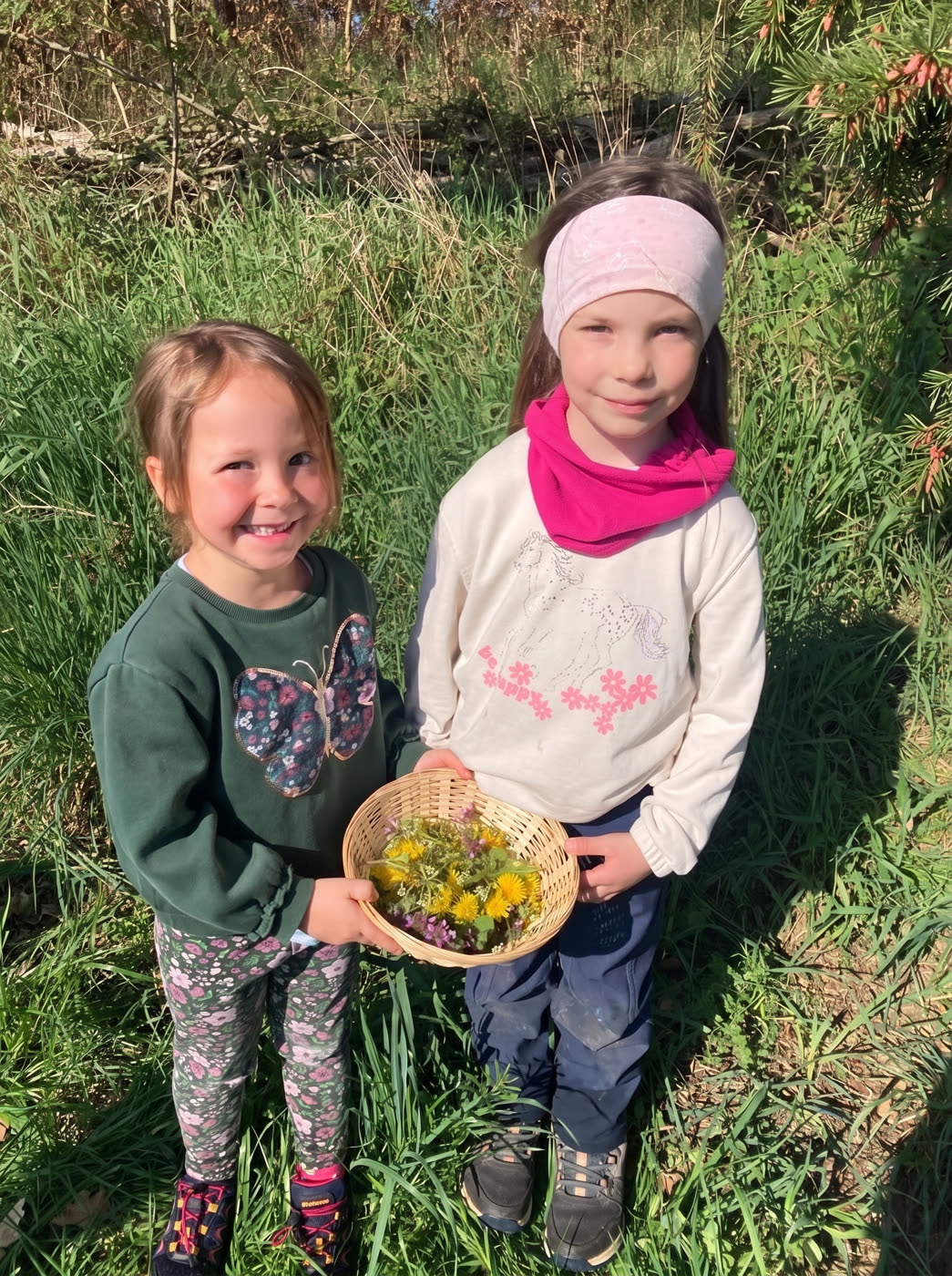Zwei Kinder mit einem Körbchen voll Löwenzahnblüten auf der Wiese