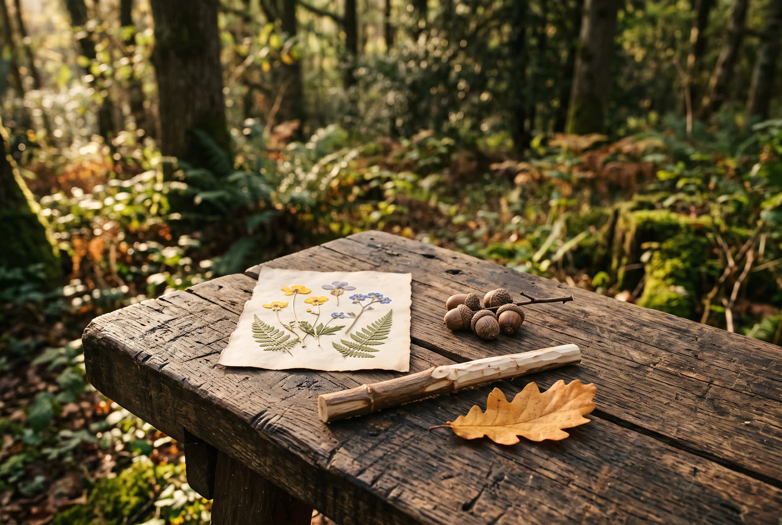 Naturmaterialien und gepresste Blüten auf der Werkbank