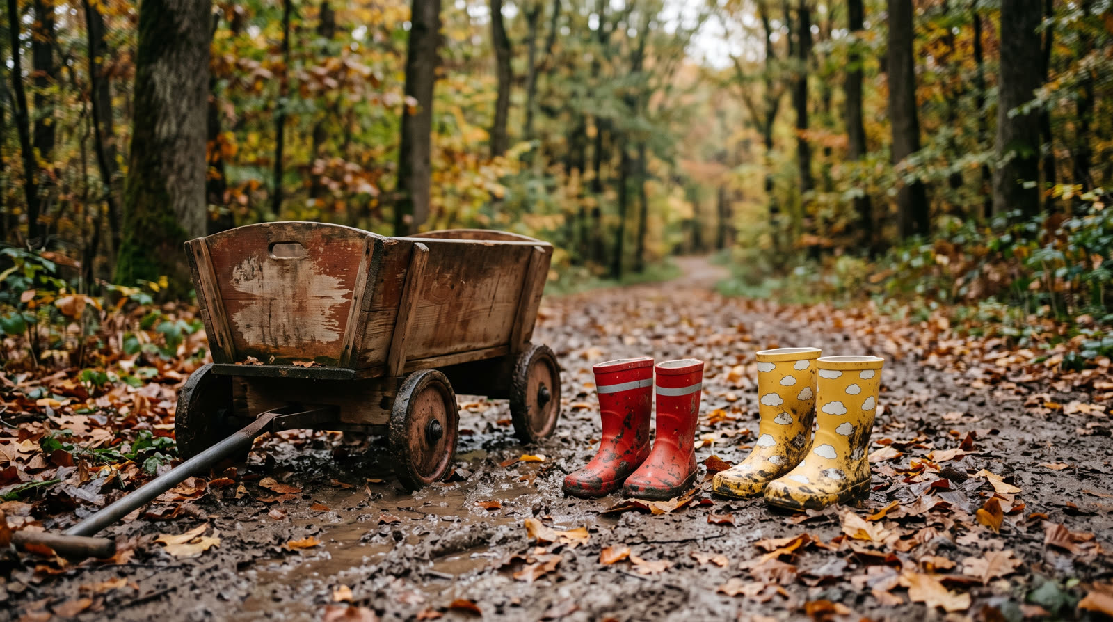 Gummistiefel und Bollerwagen am Rand des Waldwegs