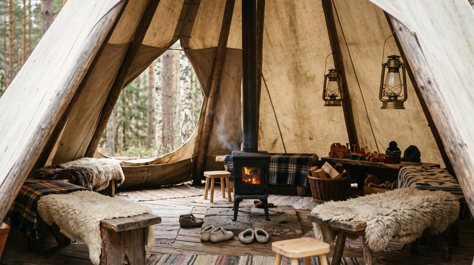 Blick in unser beheizbares Tipi mit Ofen und Sitzbänken